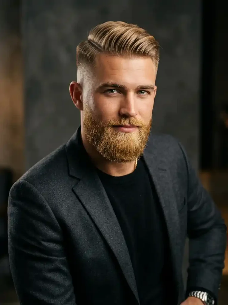 Blonde Beard with Skin Fade Side Part Combination for Complete Style