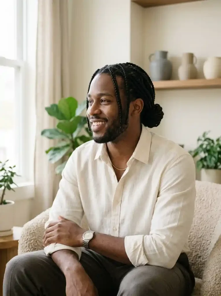 20 Box Braids for Men That Make a Bold Style Statement 9 Box Braids Pulled into a Low Bun