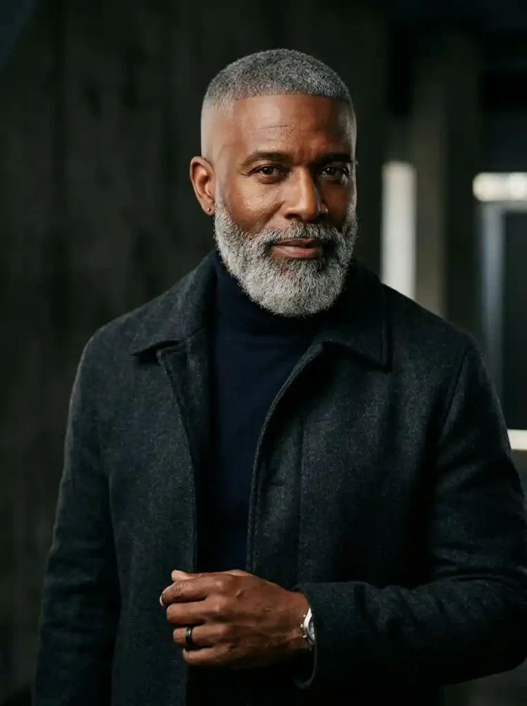 22 Grey Hairstyles Men Can Wear With Confidence 12 Close Cropped Grey Fade with Full Beard for Contemporary Confidence
