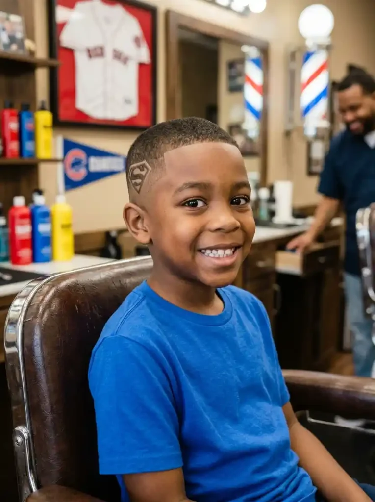 21 Boys Fade Haircuts Every Parent Will Want to Save 18 Fade Haircut with Superman or Sports Line Design