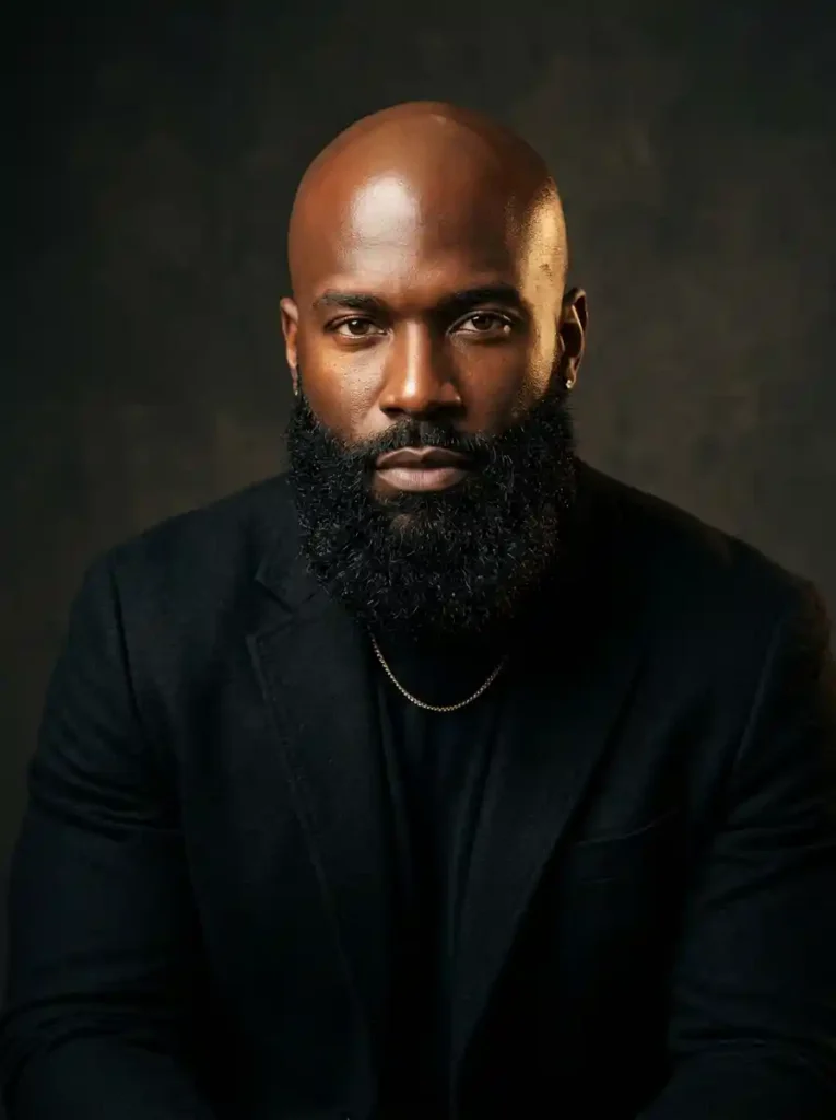 23 Beard Styles for Black Men That Elevate Your Look 20 Full Beard with Bald Head for Complete Masculine Iconic Power
