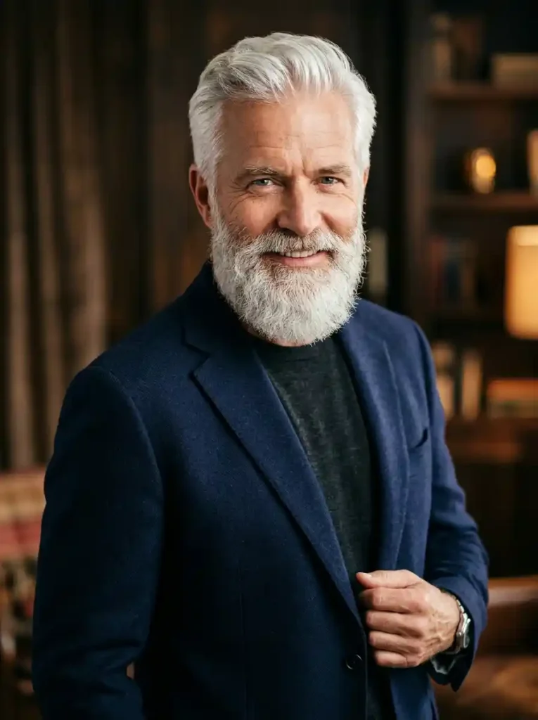 22 Grey Hairstyles Men Can Wear With Confidence 20 Full White Hair Short Cut with Defined Beard for Iconic Confidence