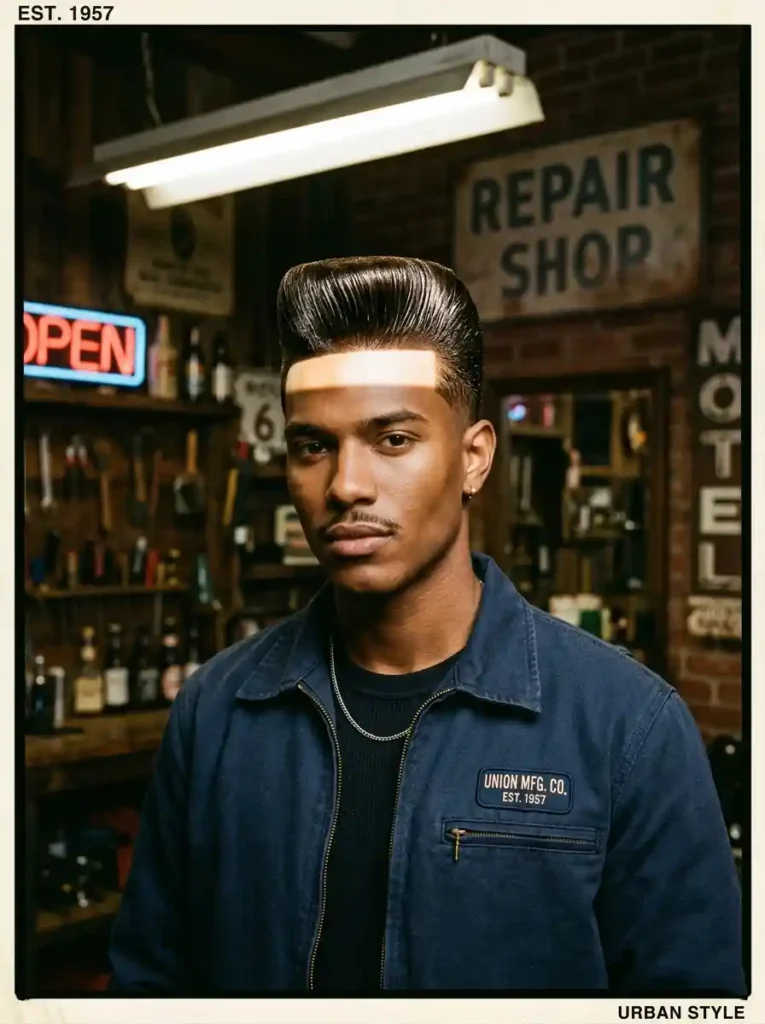 21 Greaser Hairstyles for Men That Define Vintage Cool 18 Greaser Flat Top Pompadour Hybrid for Bold Graphic Vintage