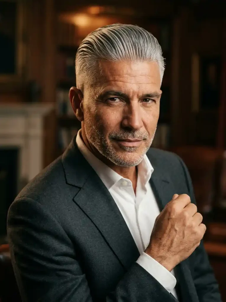 22 Grey Hairstyles Men Can Wear With Confidence 6 Grey Slick Back with Fade for Sophisticated Powerful Confidence