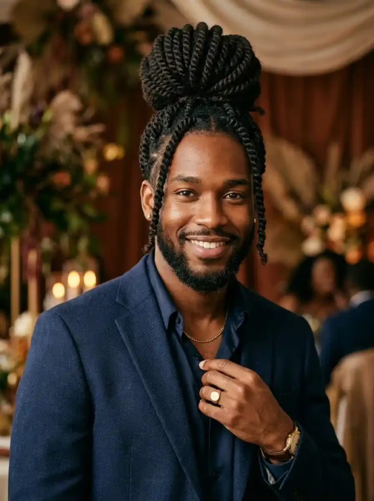 21 Twist Hairstyles for Men That Instantly Upgrade Your Style 7 High Bun with Twists for Elevated Natural Occasion Style