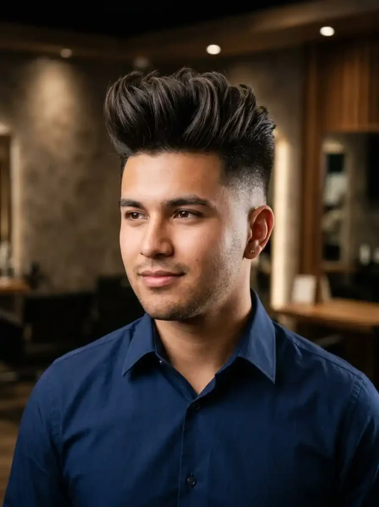 22 Best Hairstyles for Round Faces Men Swear By for Balance 1 High Fade with Textured Quiff for Maximum Elongating Height