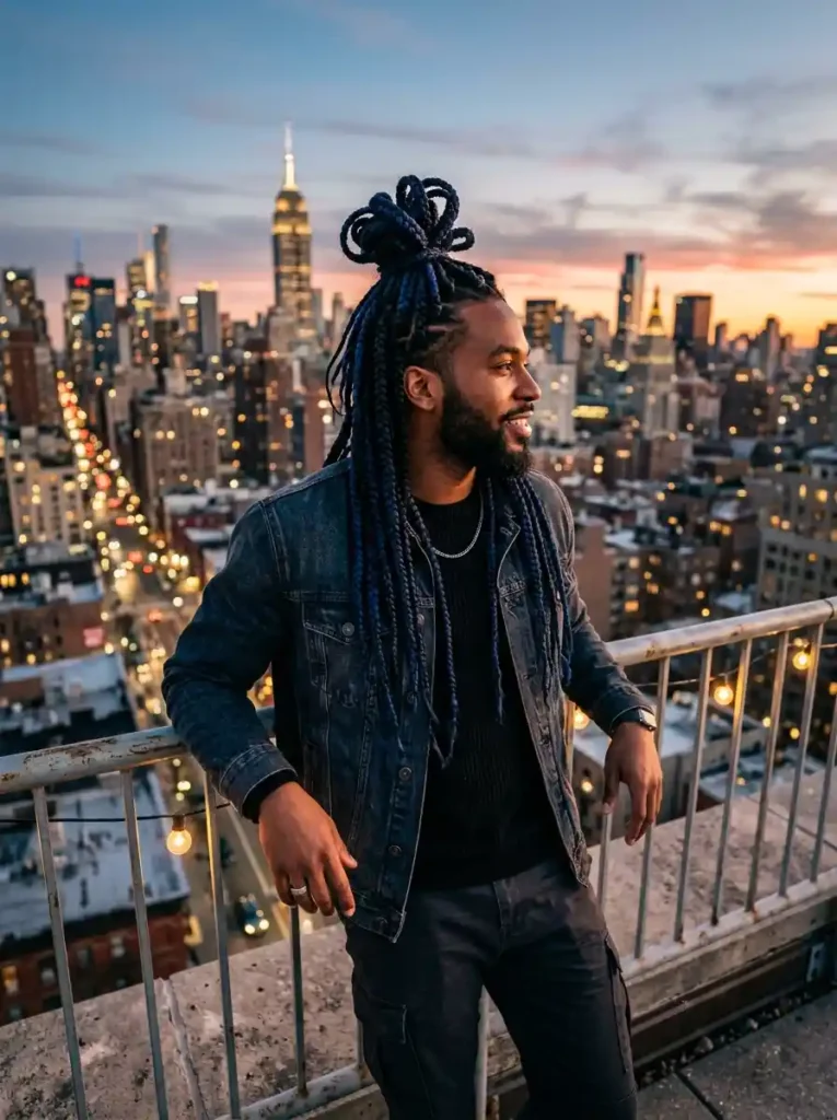 20 Box Braids for Men That Make a Bold Style Statement 2 Jumbo Box Braids with a High Half Up Knot