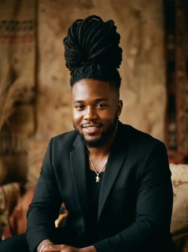 22 Best Hairstyles for Round Faces Men Swear By for Balance 22 Loc High Bun with Shaved Sides for Elevated Cultural Balance