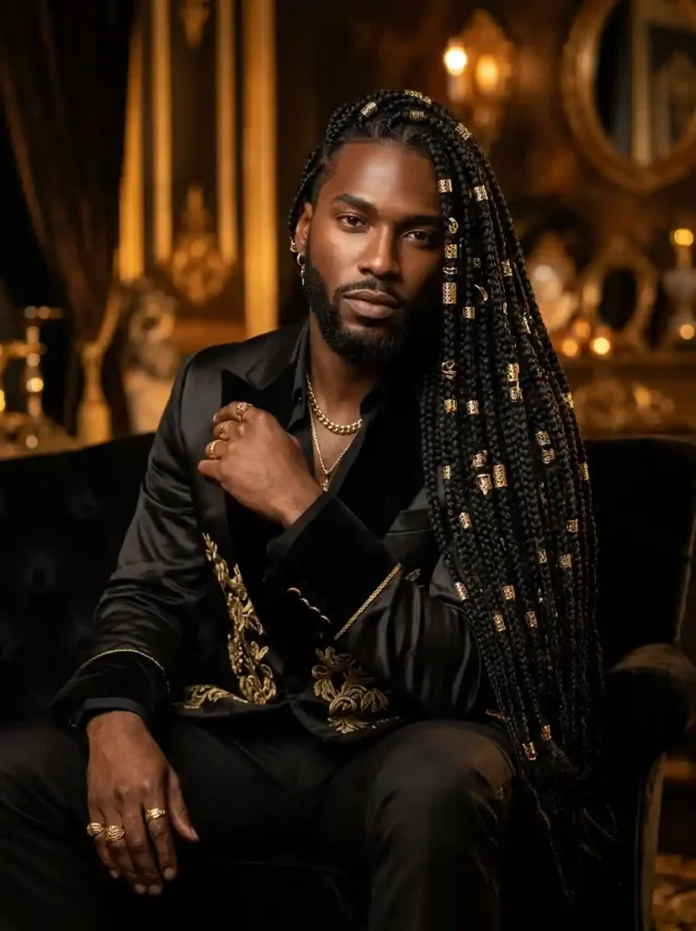 20 Box Braids for Men That Make a Bold Style Statement 5 Long Box Braids with Gold Cuff Accessories