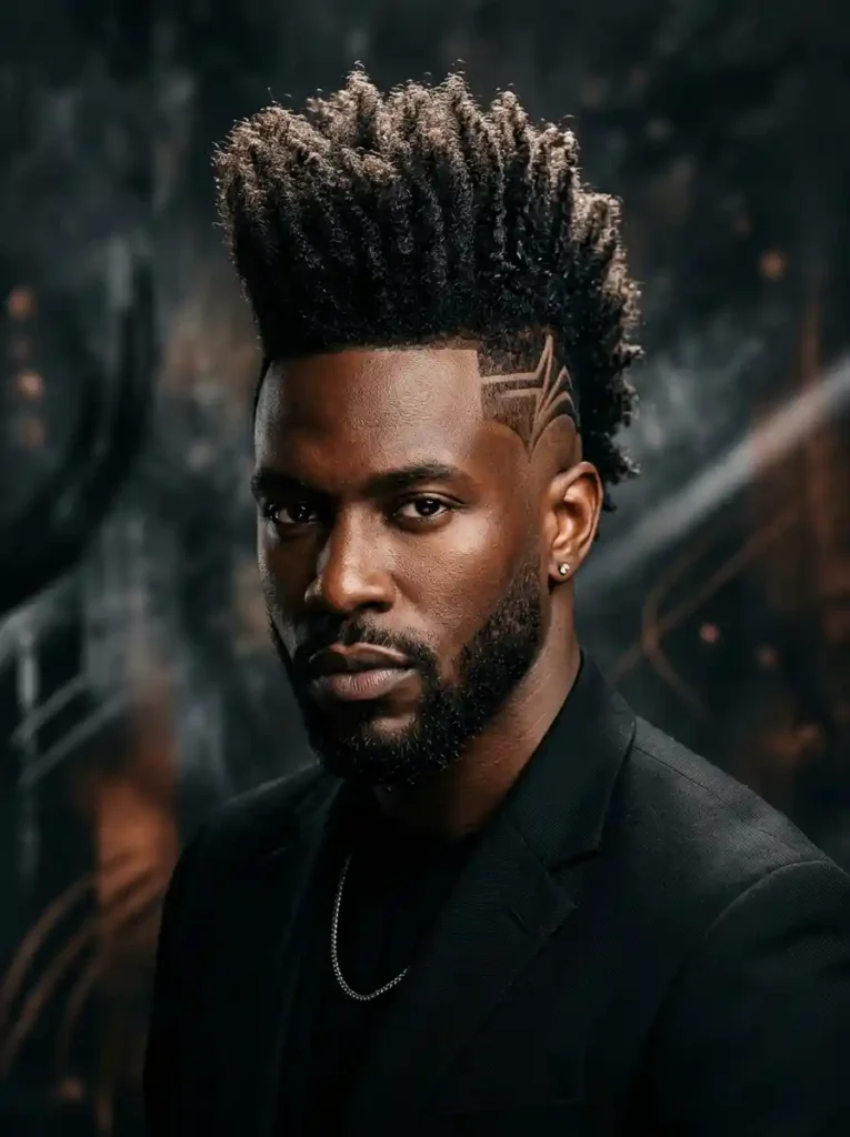 24 Black Mens Mohawk Hairstyles That Stand Out Anywhere 19 Long Natural Mohawk with Design Cut for Graphic Cultural Power