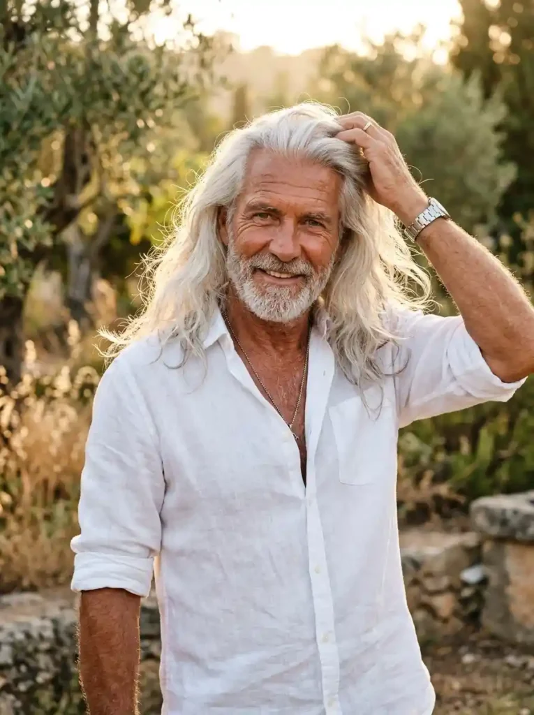 22 Grey Hairstyles Men Can Wear With Confidence 5 Long Silver Hair with Natural Flow for Confident Masculine Freedom