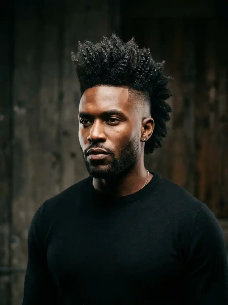24 Black Mens Mohawk Hairstyles That Stand Out Anywhere 1 Natural Coily Mohawk Fade for Powerful Cultural Bold Statement