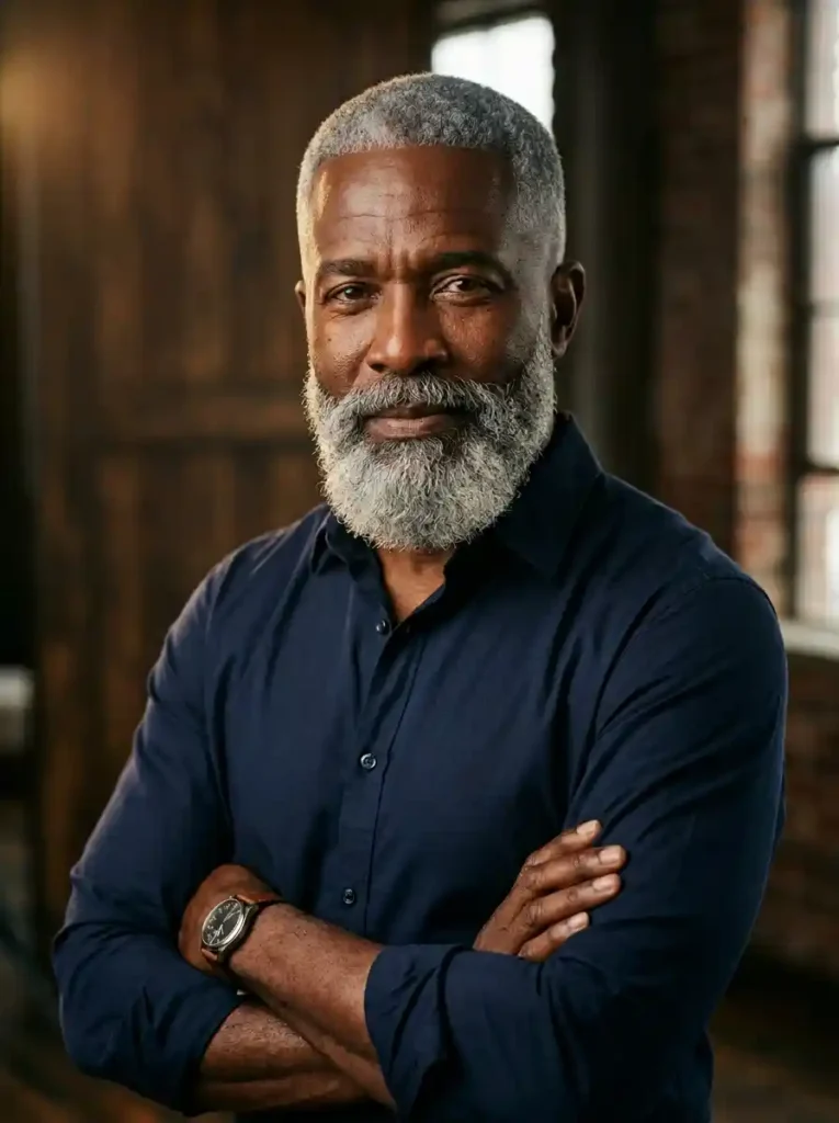 22 Grey Hairstyles Men Can Wear With Confidence 9 Natural Grey Crew Cut with Defined Beard for Complete Confident Power
