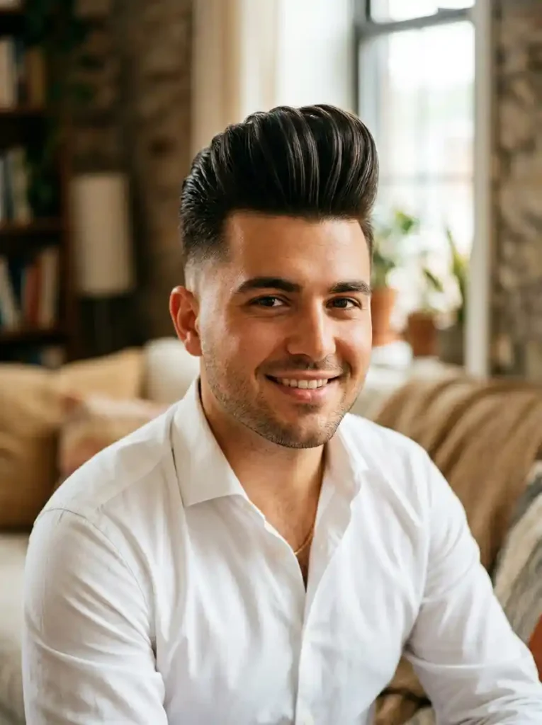 22 Best Hairstyles for Round Faces Men Swear By for Balance 2 Pompadour with Skin Fade for Classic Elongating Balance