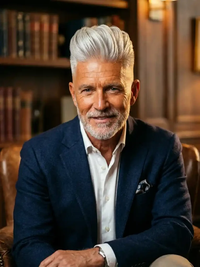 22 Grey Hairstyles Men Can Wear With Confidence 3 Silver Fox Pompadour for Boldly Confident Distinguished Style