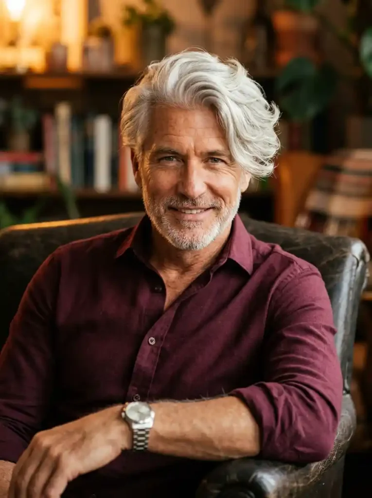22 Grey Hairstyles Men Can Wear With Confidence 15 Silver Fox Side Swept with Natural Volume for Romantic Mature Confidence