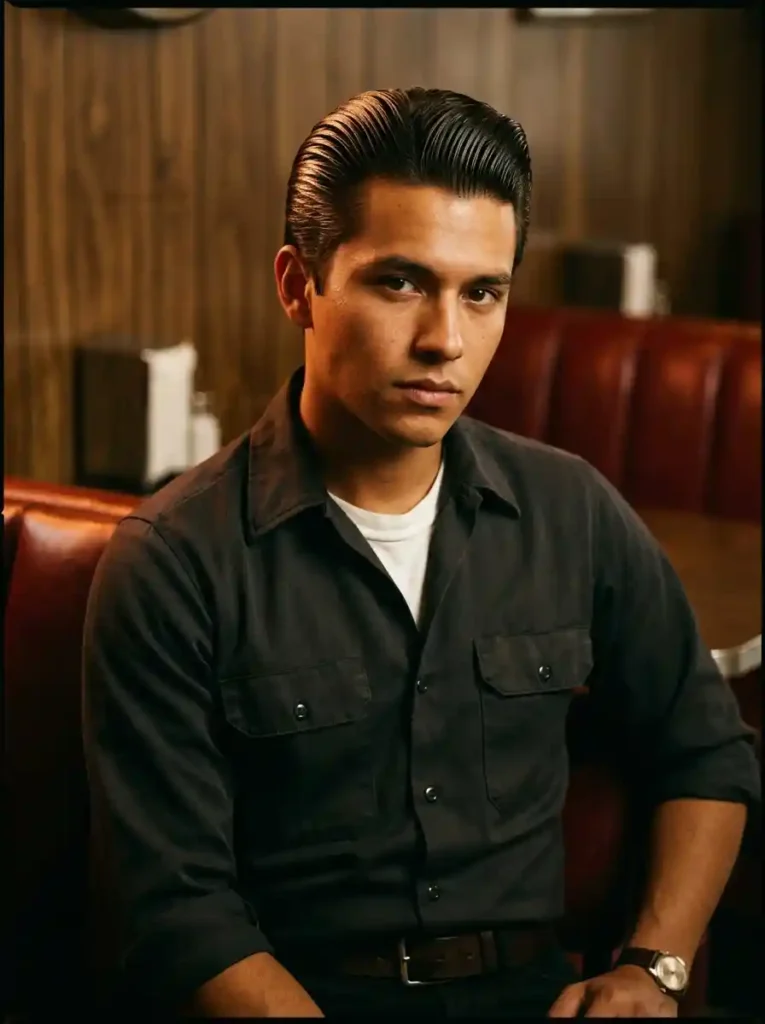 21 Greaser Hairstyles for Men That Define Vintage Cool 3 Slick Back Greaser with High Gloss for Vintage Powerful Cool