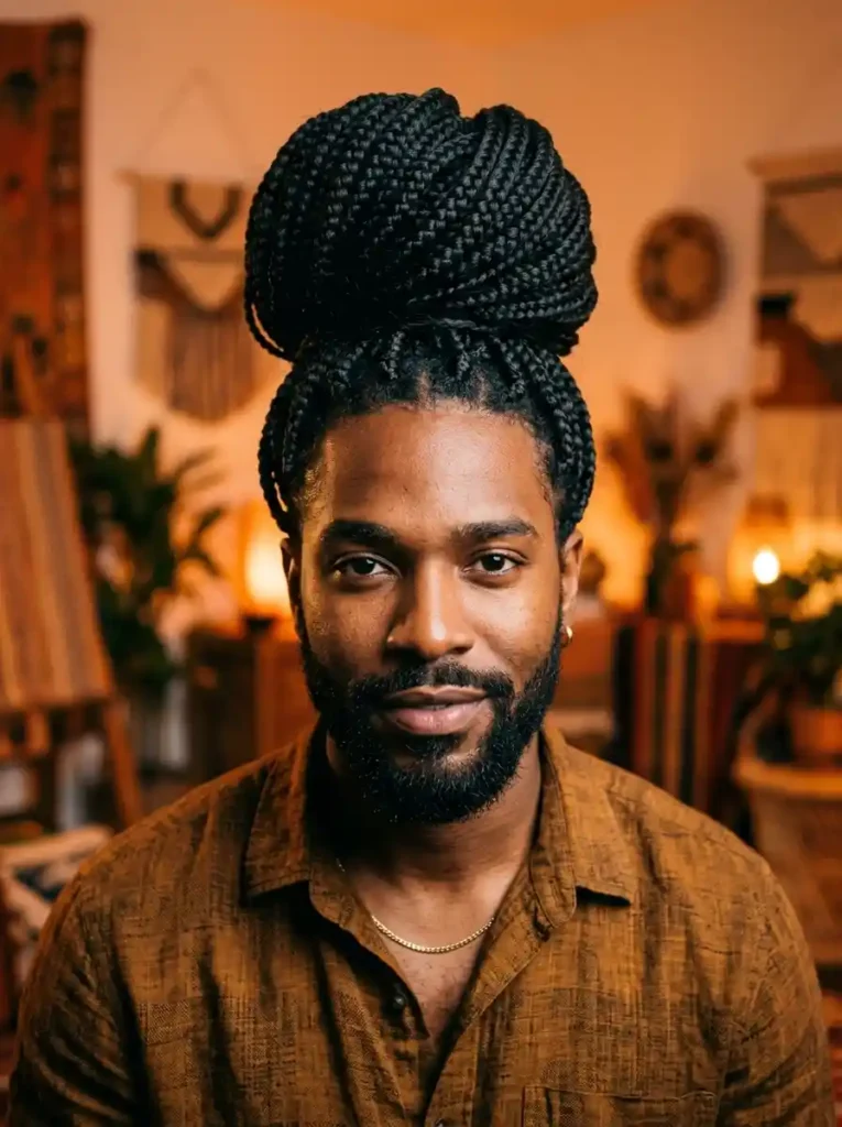 The Box Braids Gathered Into a Statement Bun