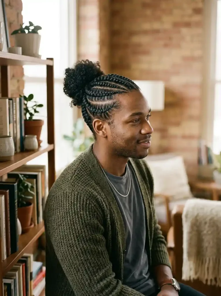 24 Cornrow Hairstyles for Men That Never Go Out of Style 10 The Cornrows Into Man Bun for Longer Natural Hair