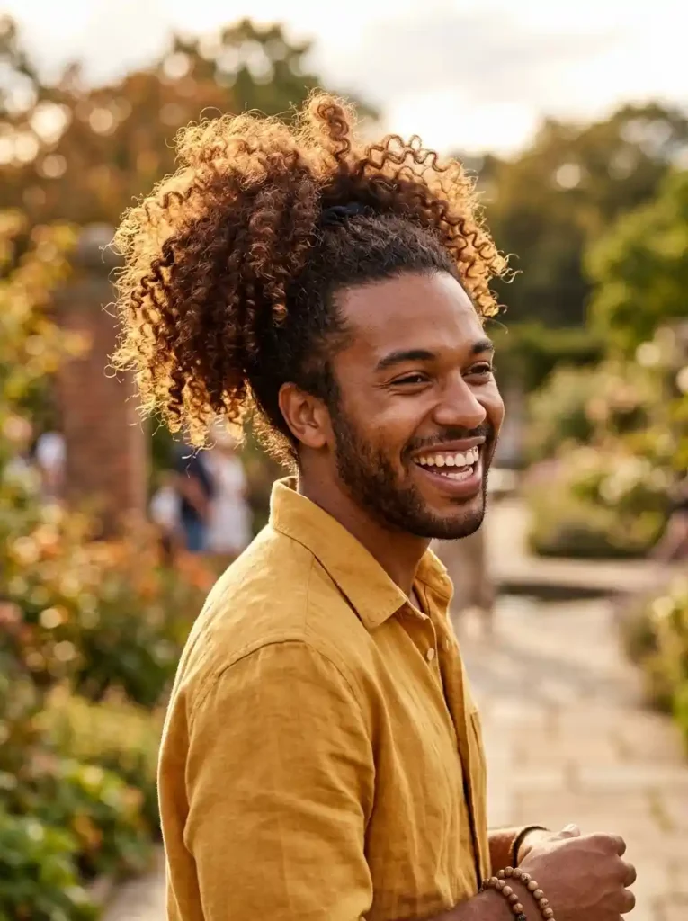 21 Mens Ponytail Hairstyles That Blend Style and Confidence 7 The Curly Mens Ponytail — Natural Texture as the Statement