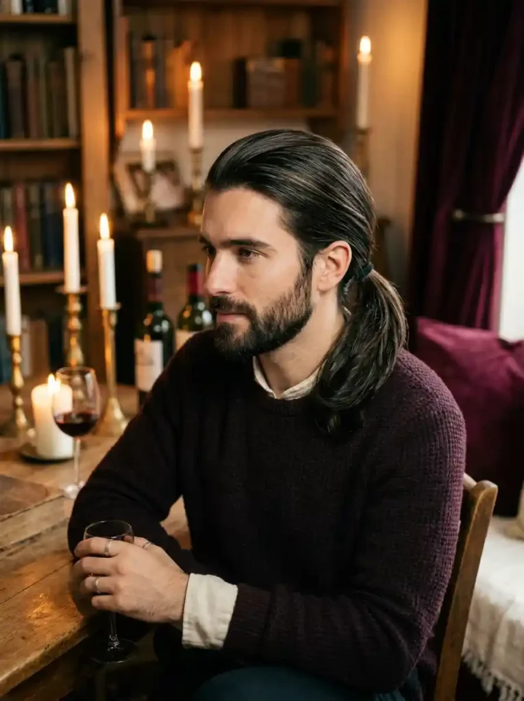 21 Mens Ponytail Hairstyles That Blend Style and Confidence 15 The Low Ponytail With Side Sweep — Directional Movement That Flatters