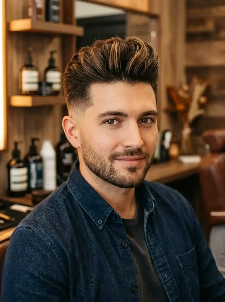 23 Pompadour Hairstyles Men Love for Timeless Style 15 The Pompadour Fade With Blonde Highlights for Dimension