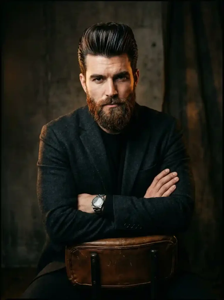 23 Pompadour Hairstyles Men Love for Timeless Style 17 The Pompadour With Beard for Maximum Masculine Impact