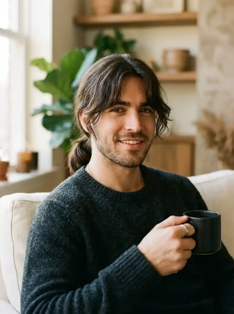 21 Mens Ponytail Hairstyles That Blend Style and Confidence 17 The Ponytail With Curtain Bangs — The Face Framing Combination