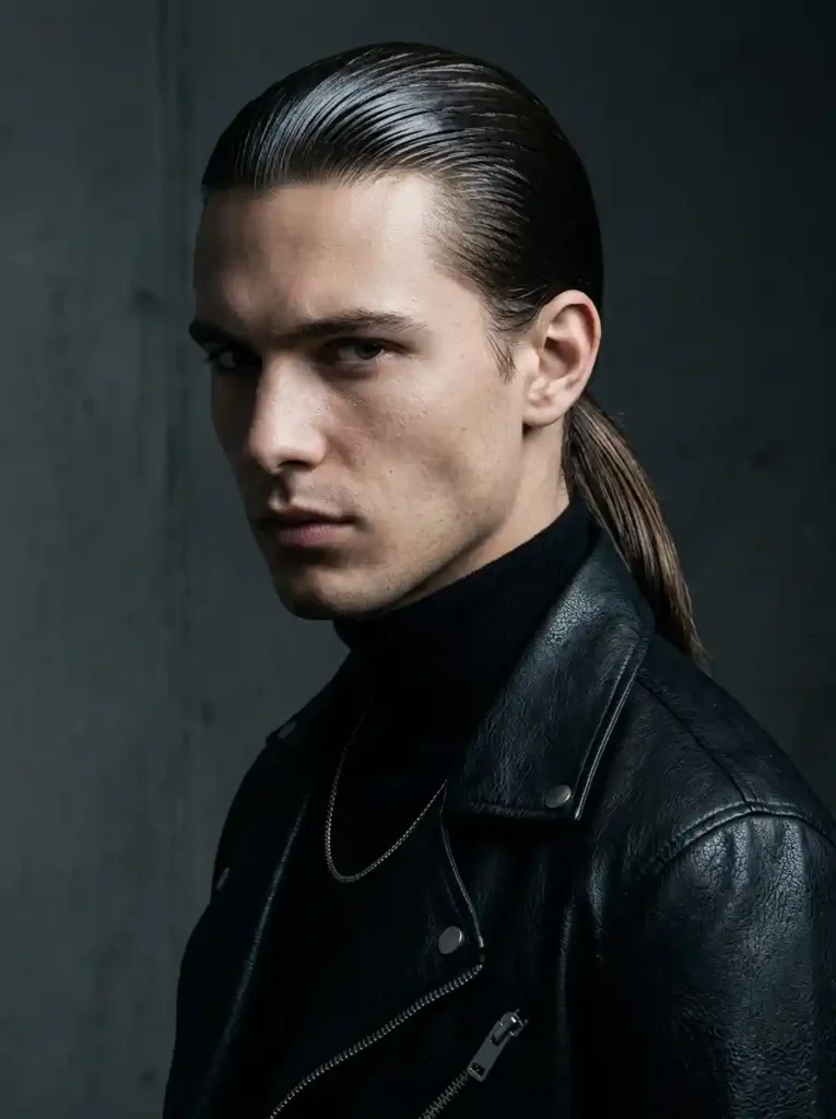 21 Mens Ponytail Hairstyles That Blend Style and Confidence 20 The Slicked Back Gel Ponytail — Wet Look Drama