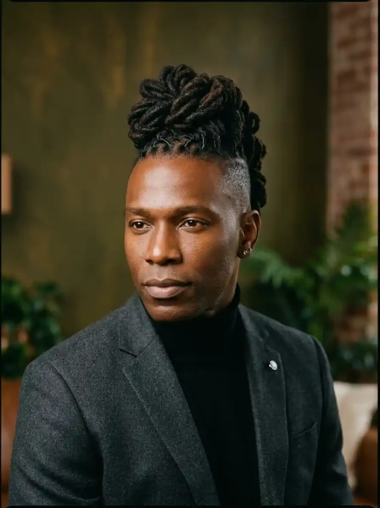 24 Black Mens Mohawk Hairstyles That Stand Out Anywhere 21 Updo Mohawk with Natural Locs for Elevated Occasion Style