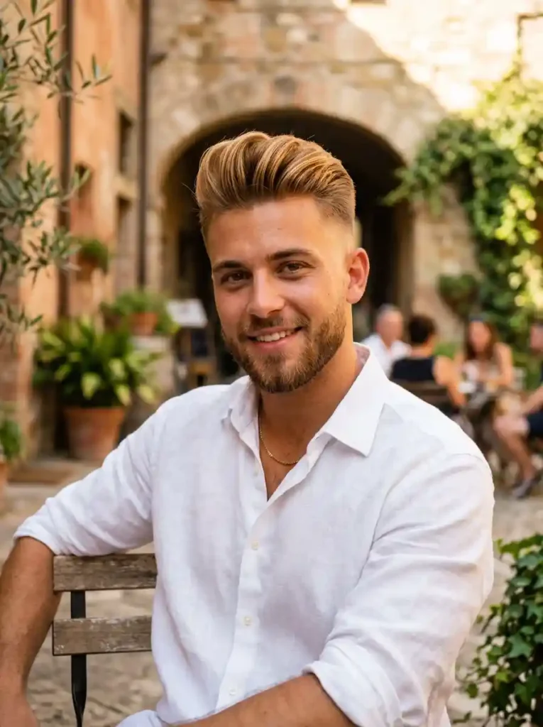 Blonde Pompadour Fade for Warm Bold Classic Modern Statement