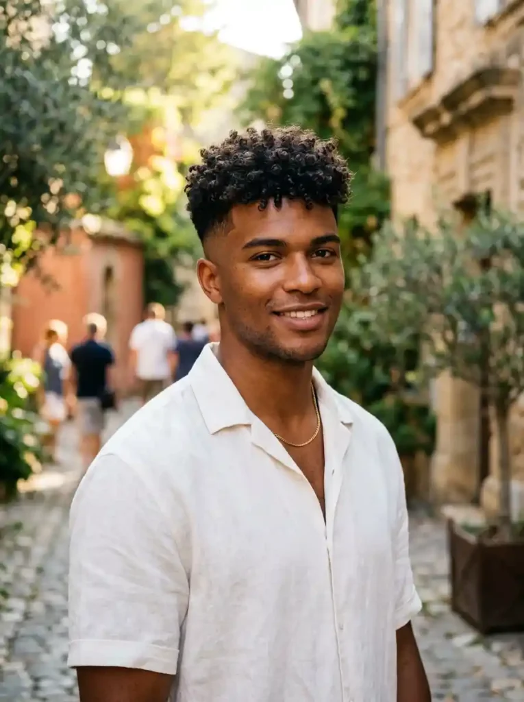 Buzz Cut Fade with Natural Curly Top for Organic Sharp Contrast