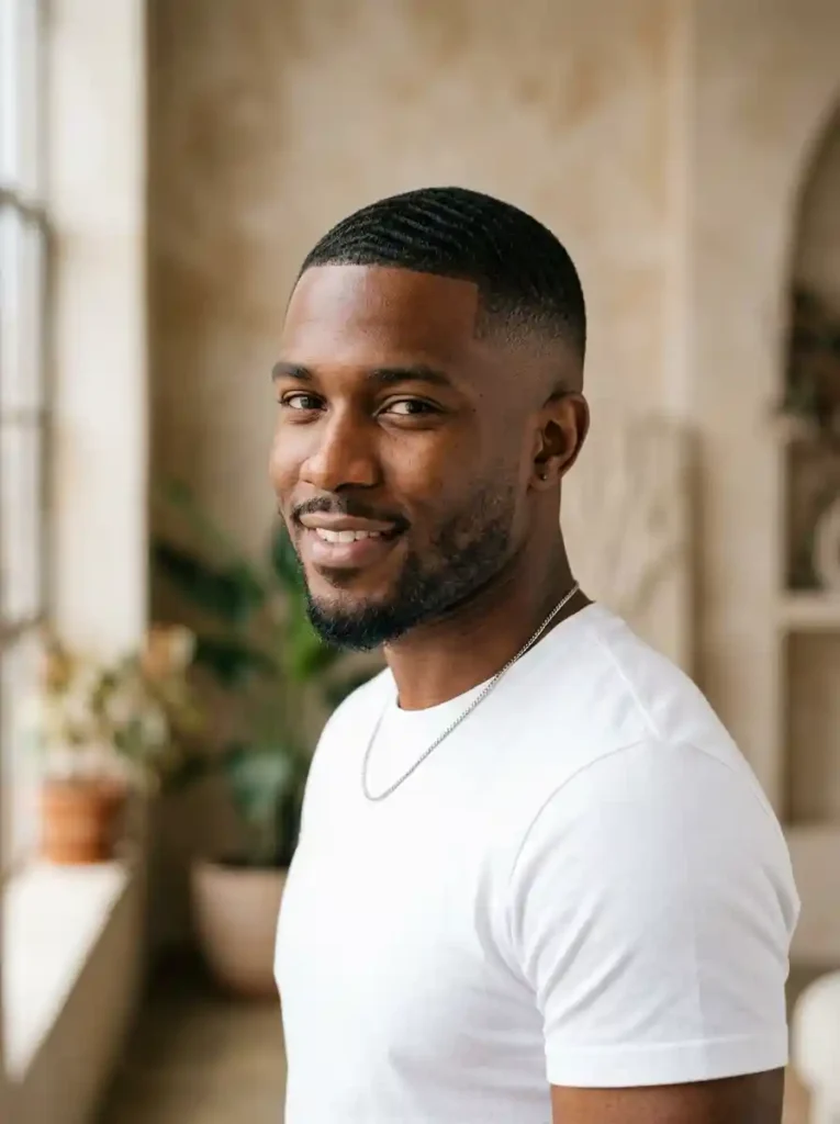 Buzz Cut Fade with Waves Pattern for Cultural Sharp Natural