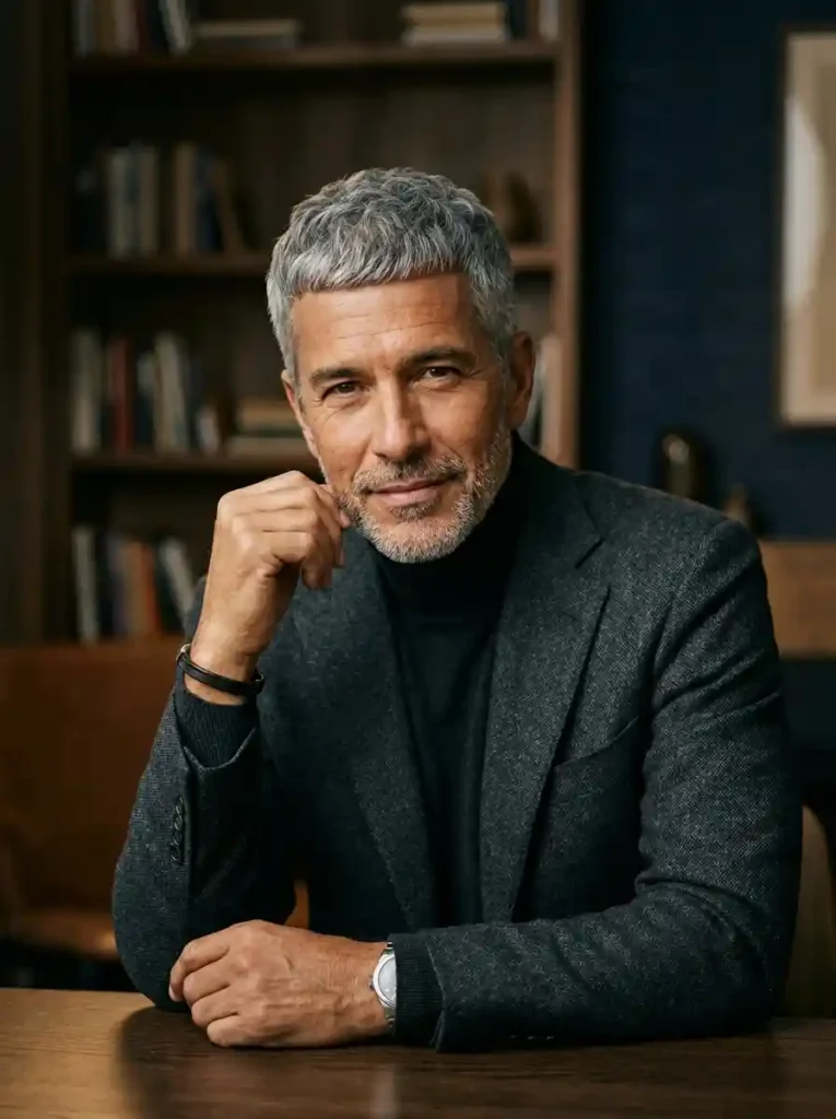 Caesar Cut with Grey Embrace for Distinguished Mature Classic