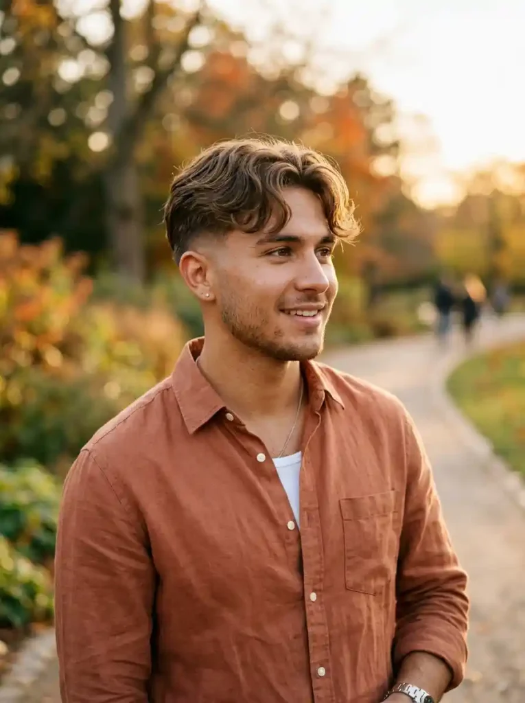 High Taper Fade with Curtain Bangs for Romantic Modern Clean