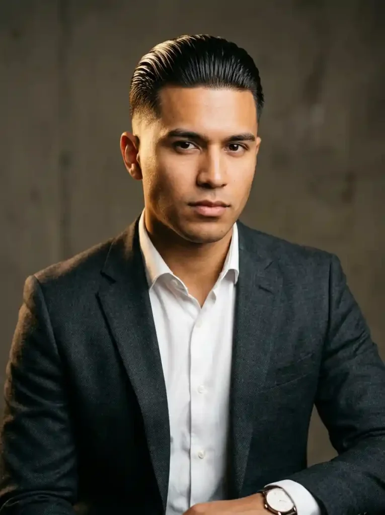 High Taper Fade with Slick Back for Sophisticated Clean Power
