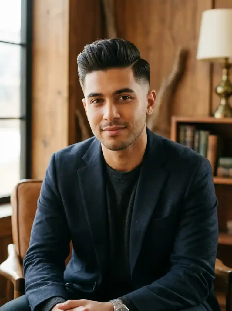 Pompadour Fade with Comb Over Blend for Refined Transitional Classic