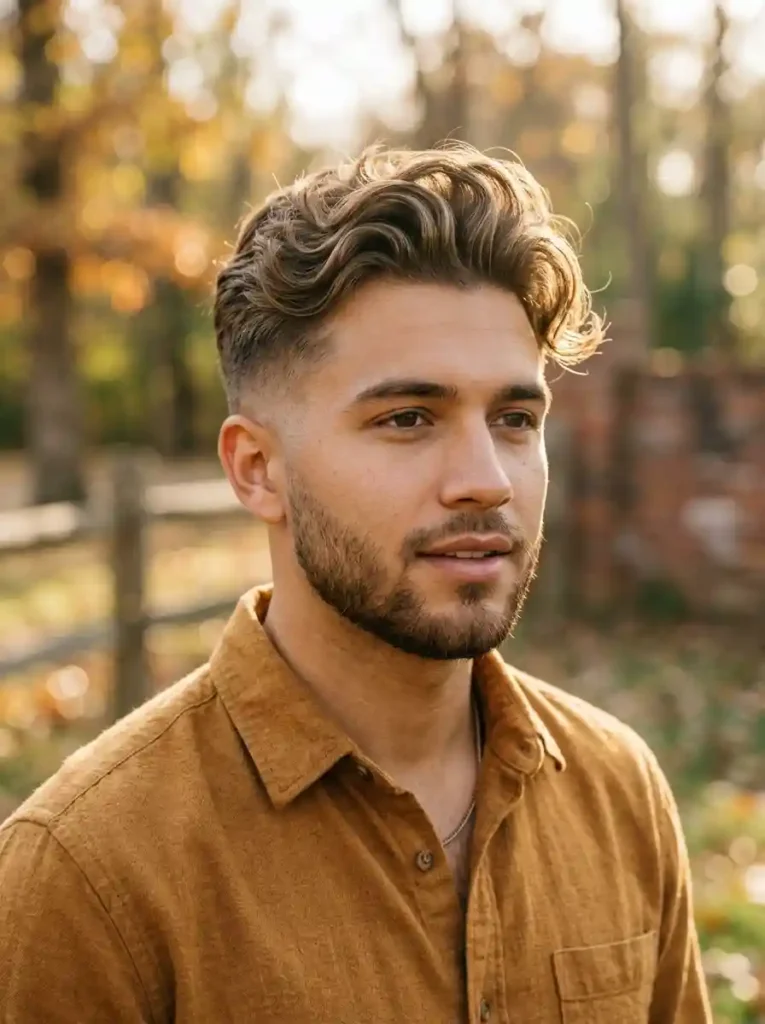 Pompadour Fade with Natural Wavy Top for Warm Classic Modern