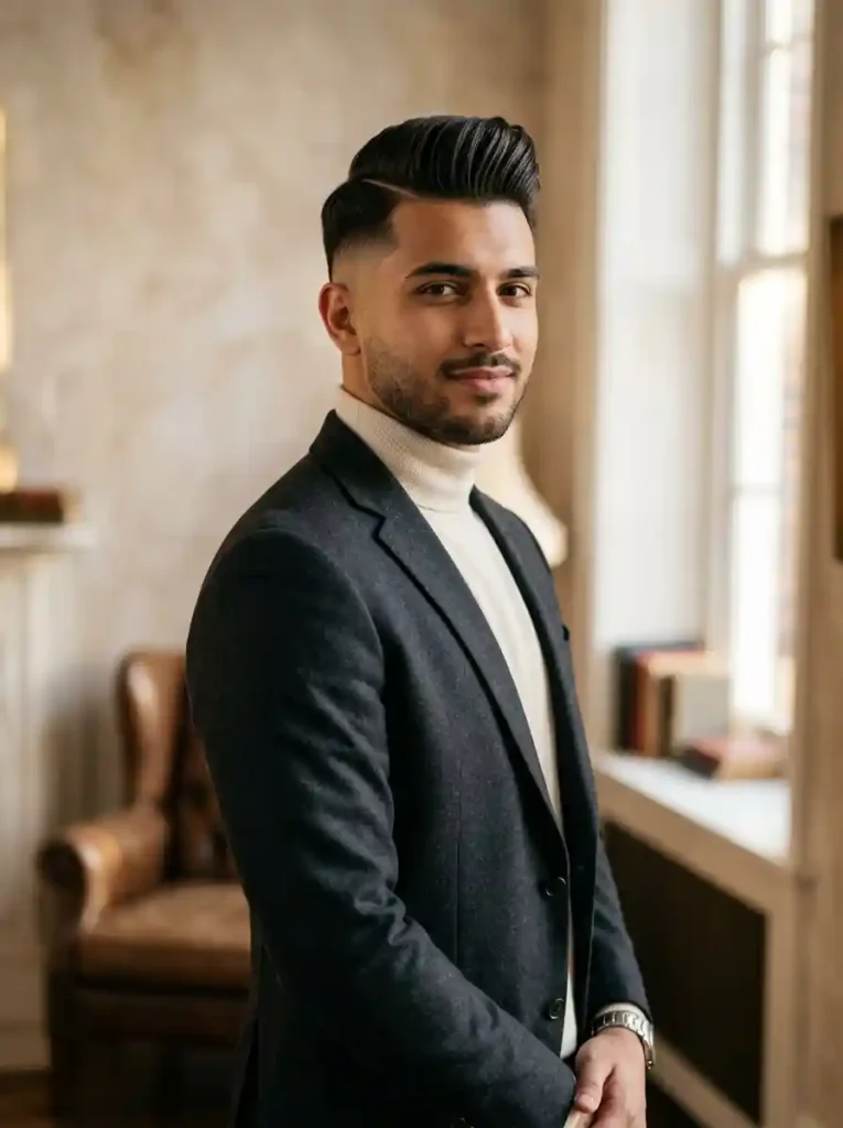 Pompadour Fade with Side Part for Refined Classic Modern Elegance