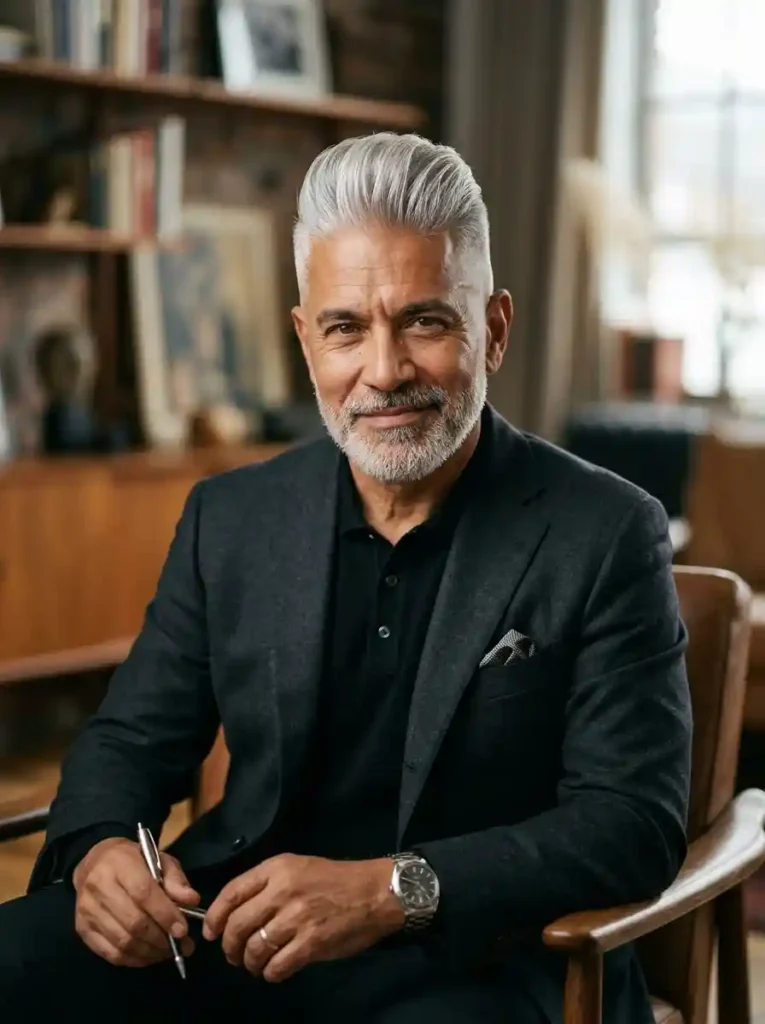 Silver Grey Pompadour Fade for Distinguished Mature Classic Modern