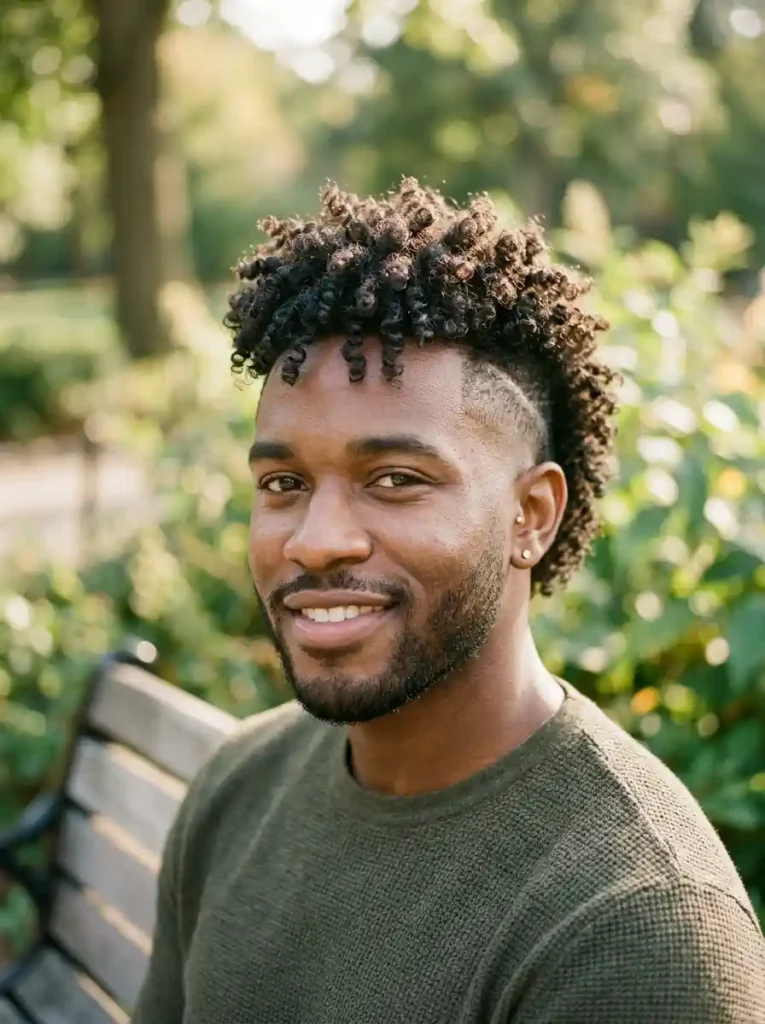 The Burst Fade Mohawk for Curly Hair