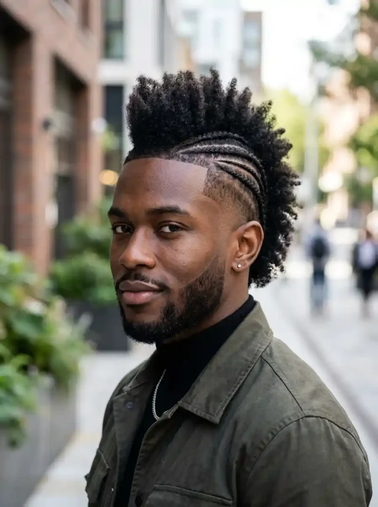 The Burst Fade Mohawk with Cornrow Sides