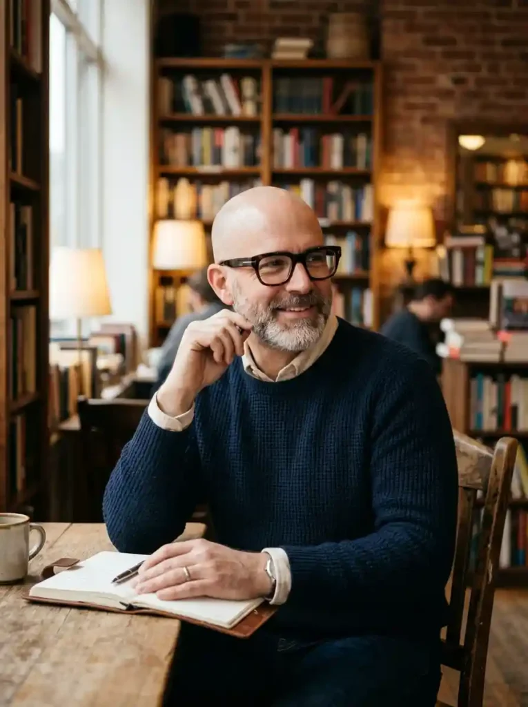 The Shaved Head With Statement Glasses for Intellectual Edge