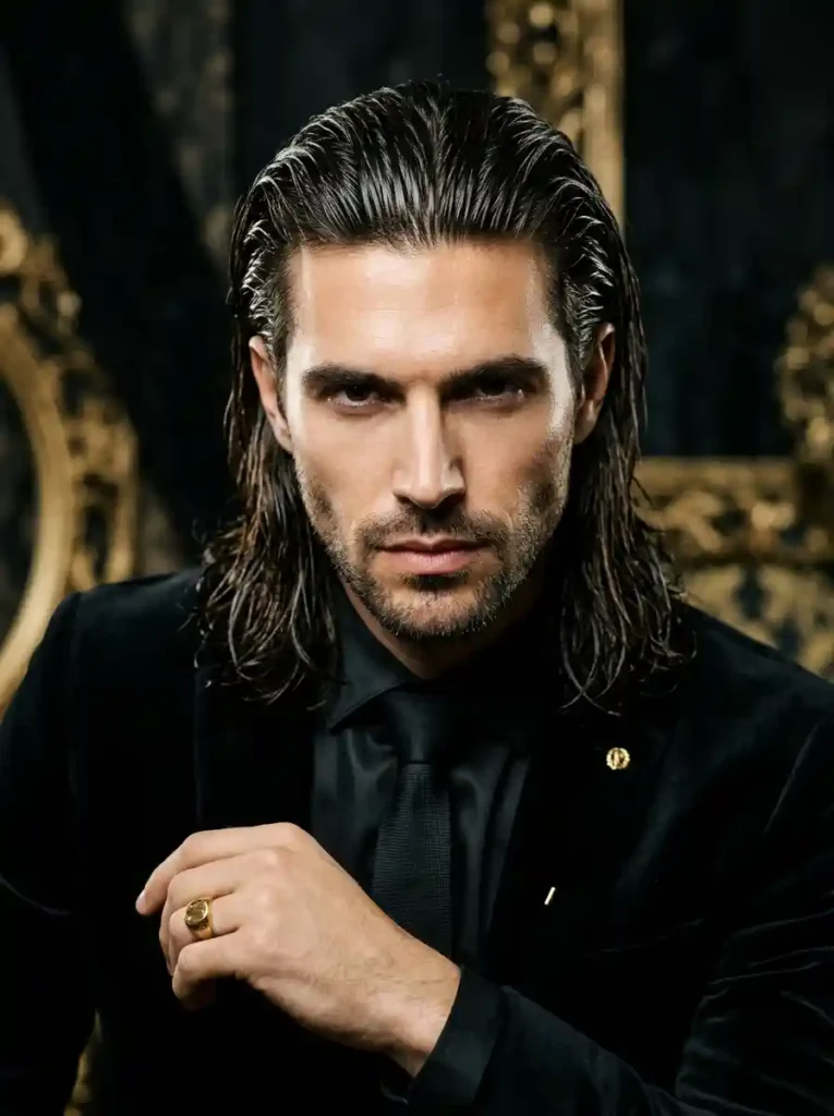 The Slicked Back Wet Look Long Hair for Dramatic Impact