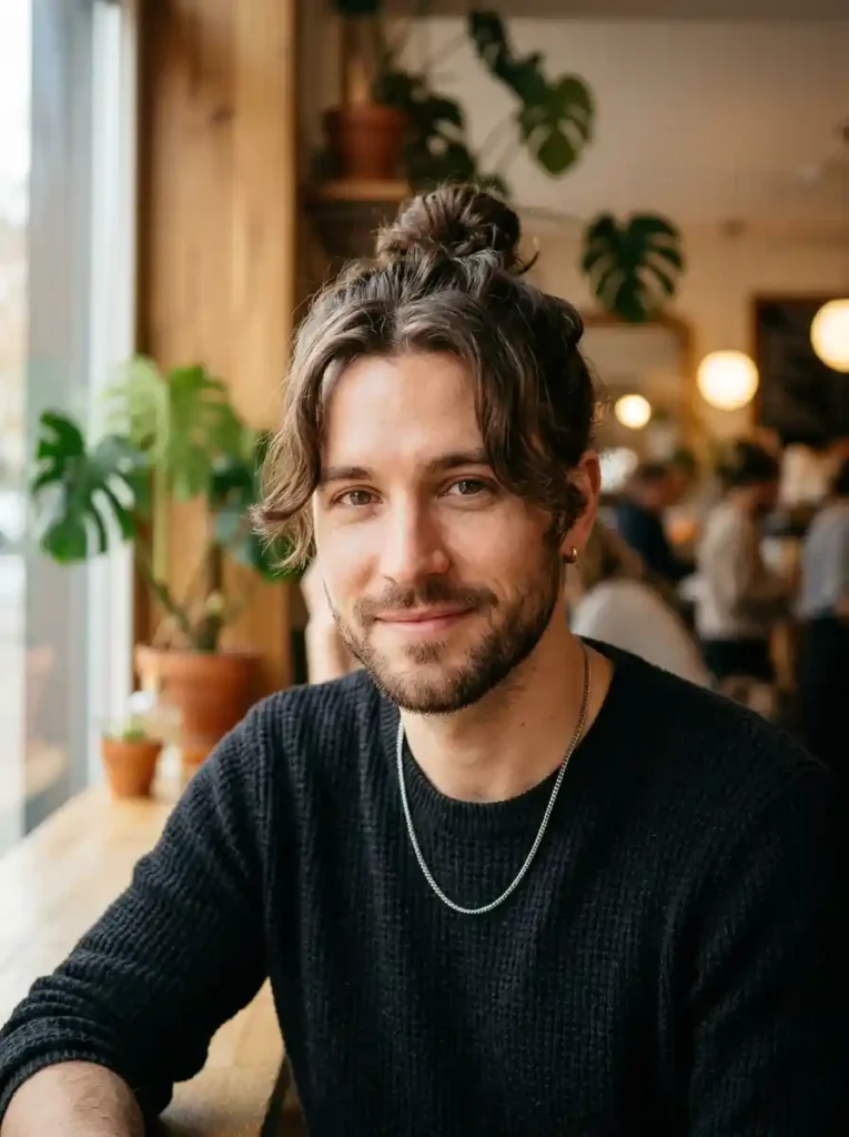 The Top Knot with Curtain Bangs